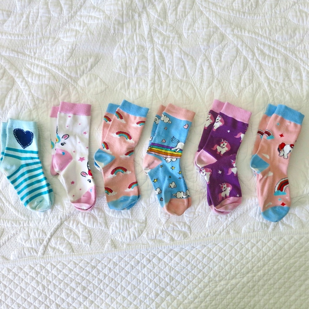 Six pairs of Novelty Socks for Girls (Unicorns, Bunnies, Rainbows and Hearts